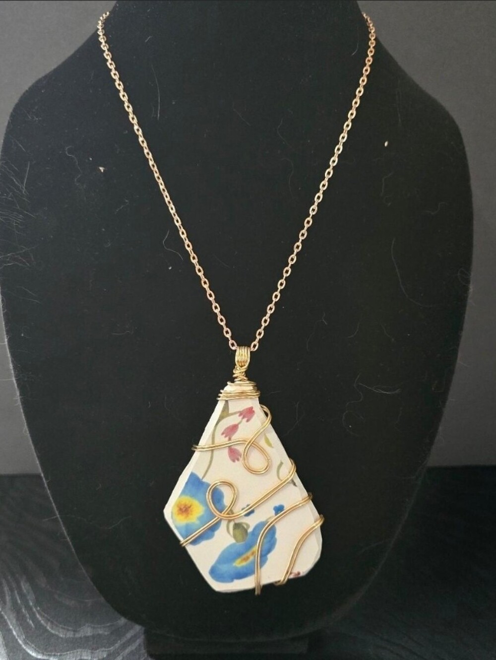Gold Wire Wrapped Porcelain Pendant Necklace